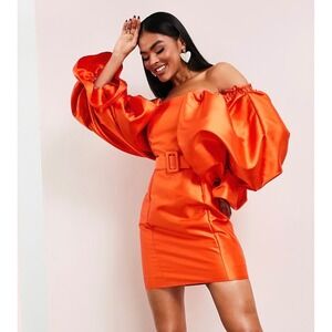 NWT ASOS LUXE WOMENS Belted Drama Sleeve Structured Satin Mini Dress 12 Orange